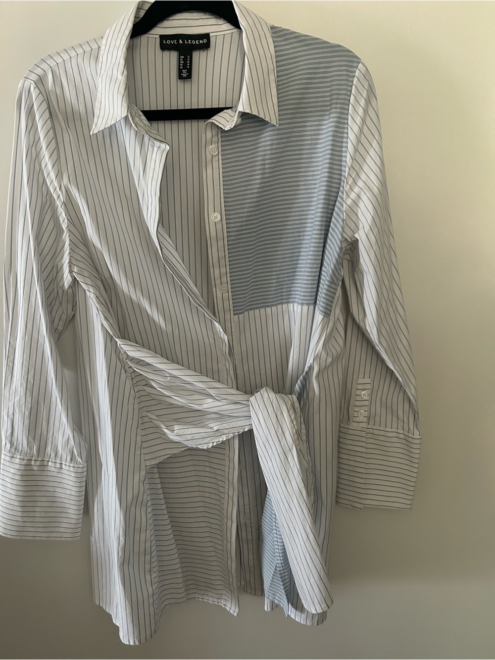 Love & Legend White and Light Blue Striped Panel Button-Down Shirt pit to 22 inc